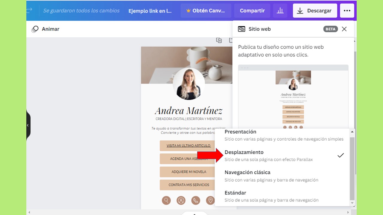 Selecciona "Desplazamiento" como forma de publicar tu diseño web en Canva