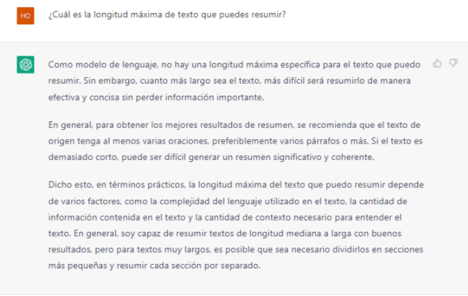 Respuesta del ChatGPT al intentar resumir un texto muy largo (más de 8 mil palabras).