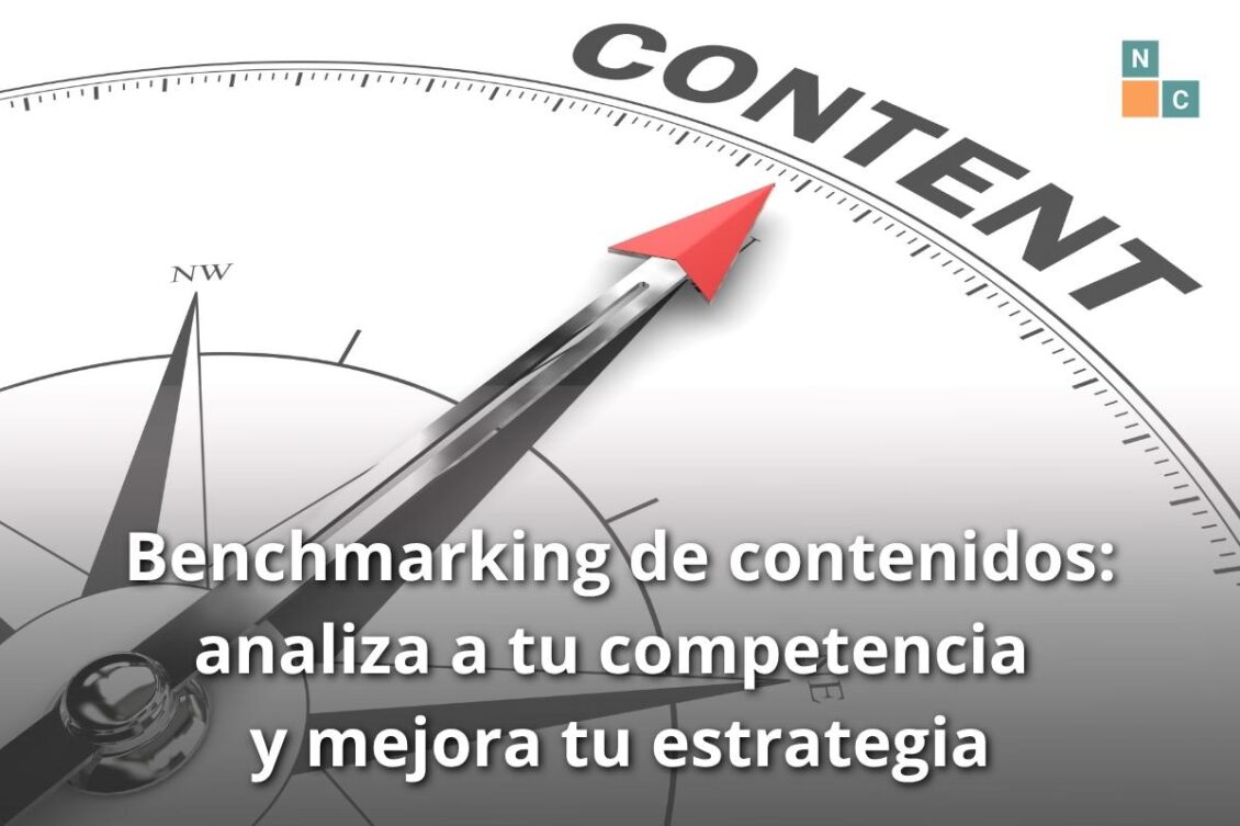 Benchmarking de contenidos: analiza a tu competencia y mejora tu estrategia. Al fondo, una brújula cuyo norte es la palabra "content" (contenido).