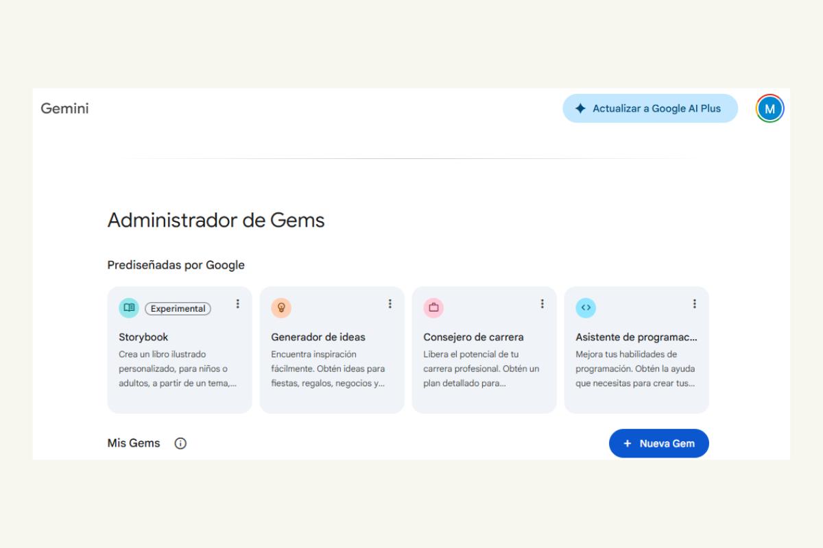 Menú de las Gems preconfiguradas de Gemini.