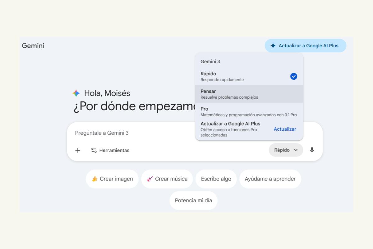 Los modos de pensamiento de Gemini: "Rápido", "Pensar" y "Pro".